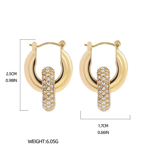 Punk Circle Pendant Shiny Rhinestone Stainless Steel Drop Earrings Bilayer Oval Round Rust Proof Party Zircon Huggie Jewelry New